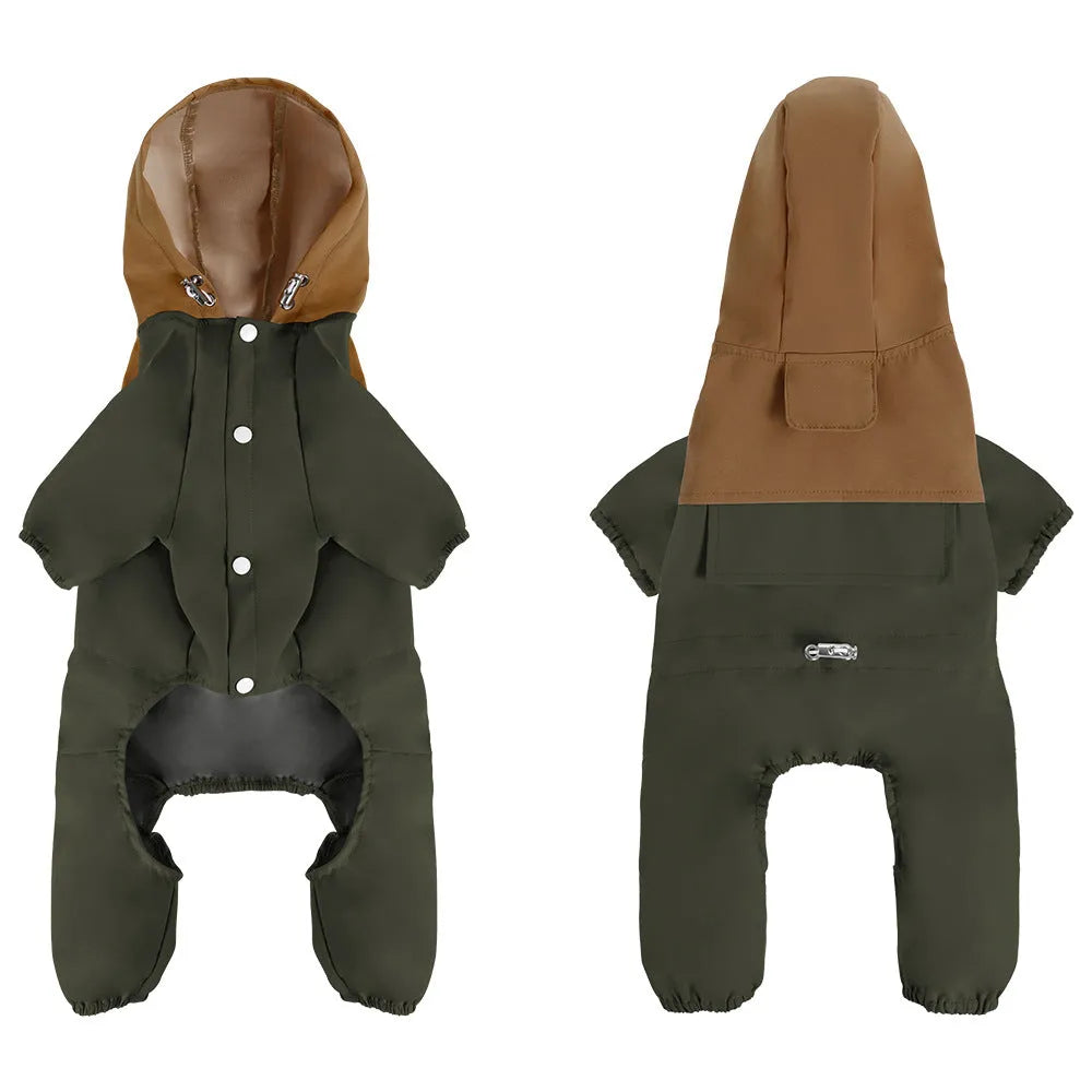 Khaki coloured waterproof shell jacket on a small dog, showing adjustable belly strap and high collar.