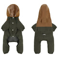 Khaki coloured waterproof shell jacket on a small dog, showing adjustable belly strap and high collar.