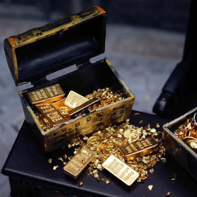 Miniature alloy gold coin treasure box and gold bar dollhouse accessories.
