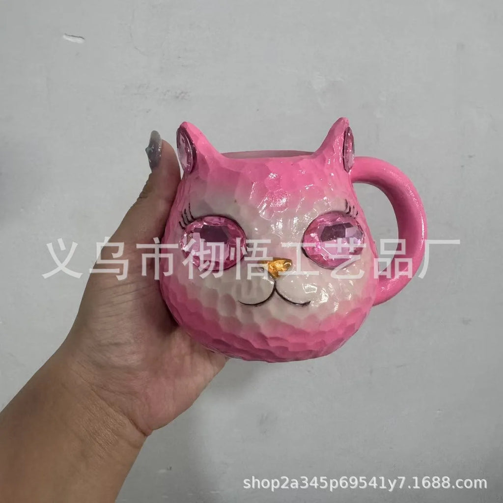 Resin Crystal Earth Cat Cup decorative ornament in purple, green, blue, and pink colour options.