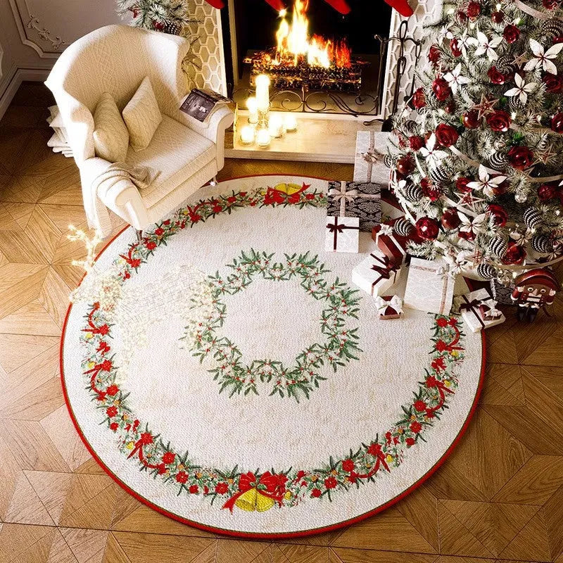 Christmas red round velvet floor mat with absorbent non-slip design for living room decoration