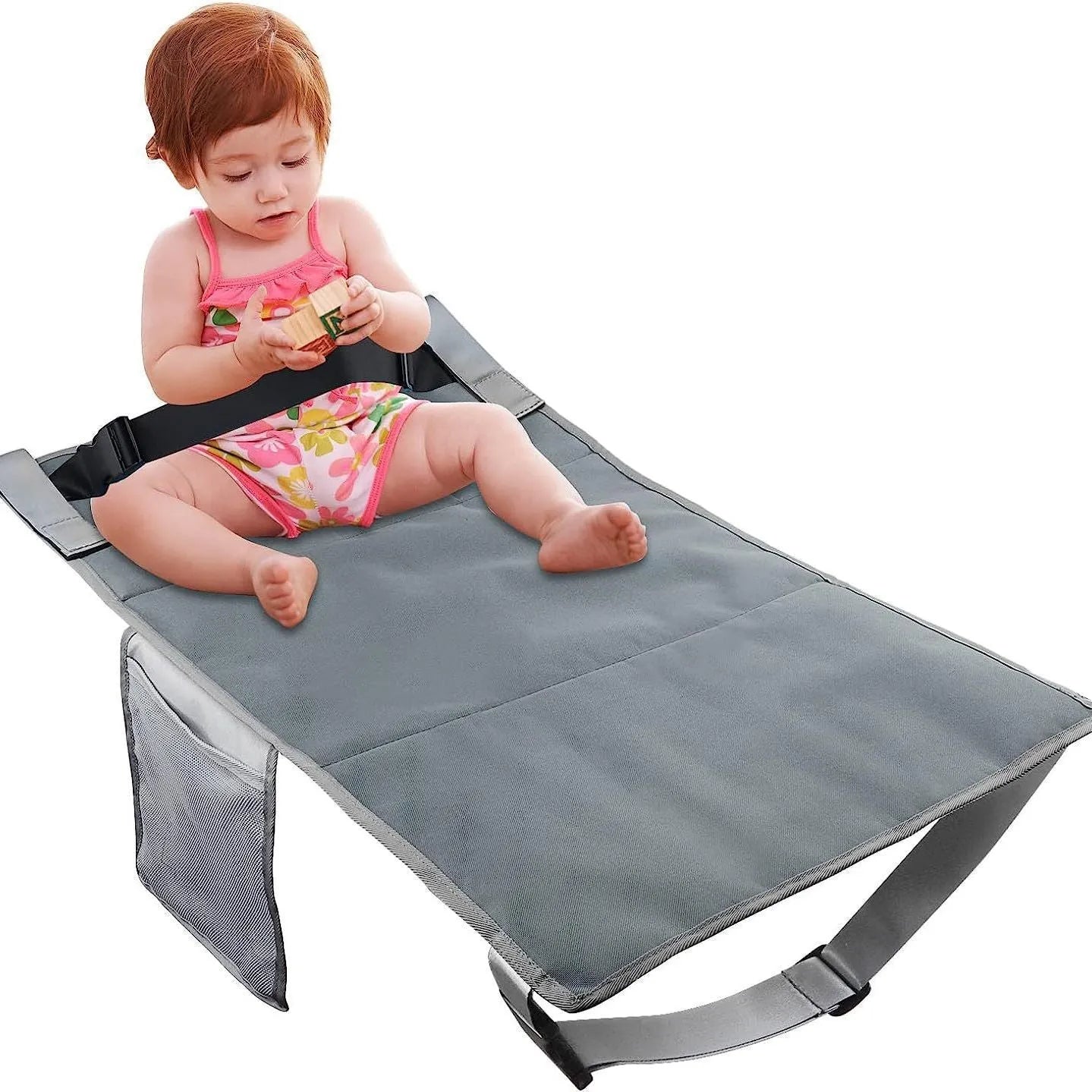 Portable children's aircraft pedal seat extender in nylon with adjustable strap and optional drawstring pocket