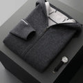 Men's dark blue cashmere cardigan with half-high collar and front zipper, loose fit with long sleeves