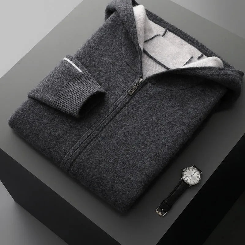Men's dark blue cashmere cardigan with half-high collar and front zipper, loose fit with long sleeves