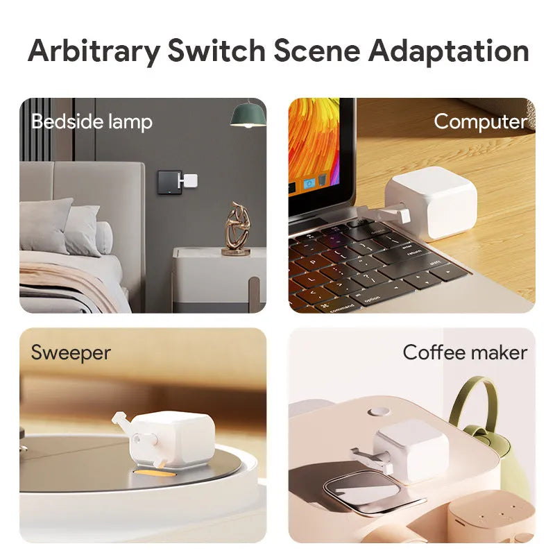 Small white Bluetooth finger robot remote control with thumb remote on a surface.
