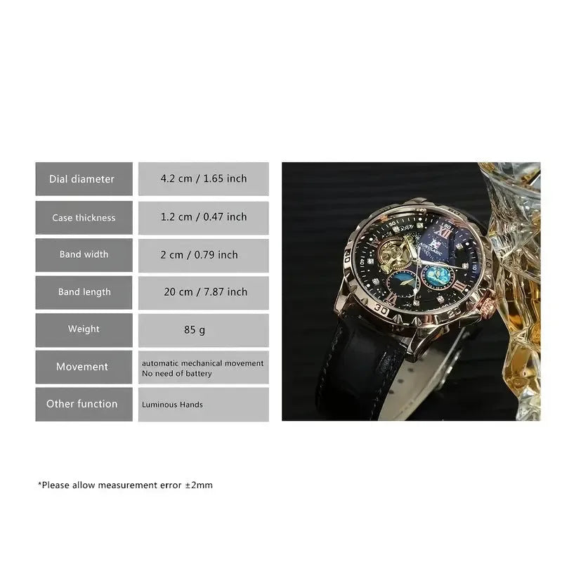 Men's large dial automatic watch with rose gold case, black hollow dial, and transparent back on leather strap.