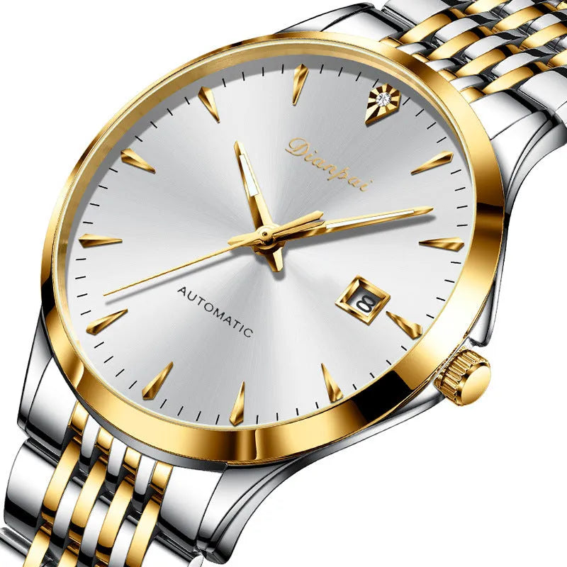 Men's simple dial automatic watch with stainless steel strap on wrist.