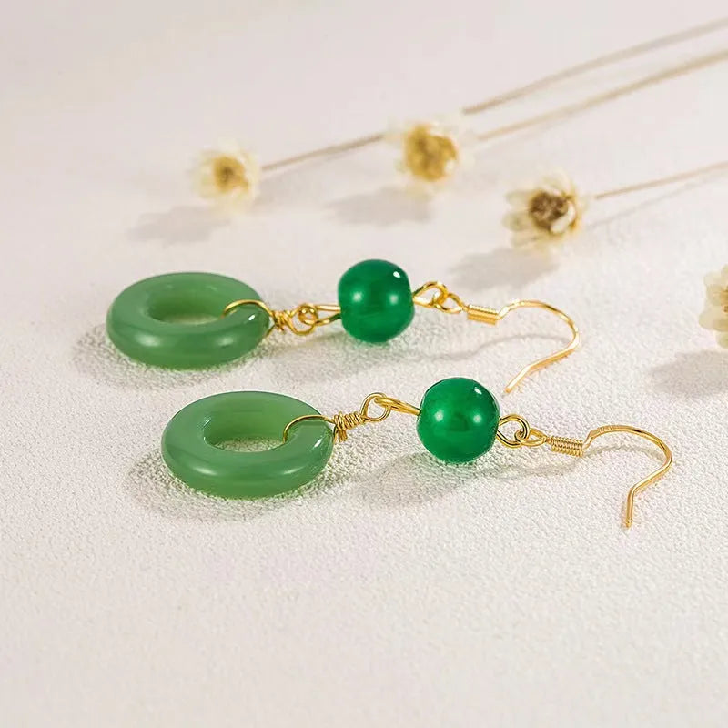 Chinese style green peace buckle shape earrings with geometric design and gold plating