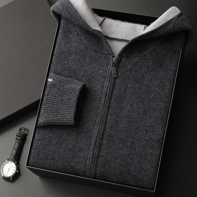 Men's dark blue cashmere cardigan with half-high collar and front zipper, loose fit with long sleeves