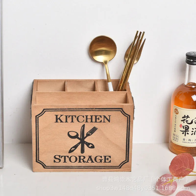 Wooden kitchen storage box with grid compartments for organising knives, forks and chopsticks