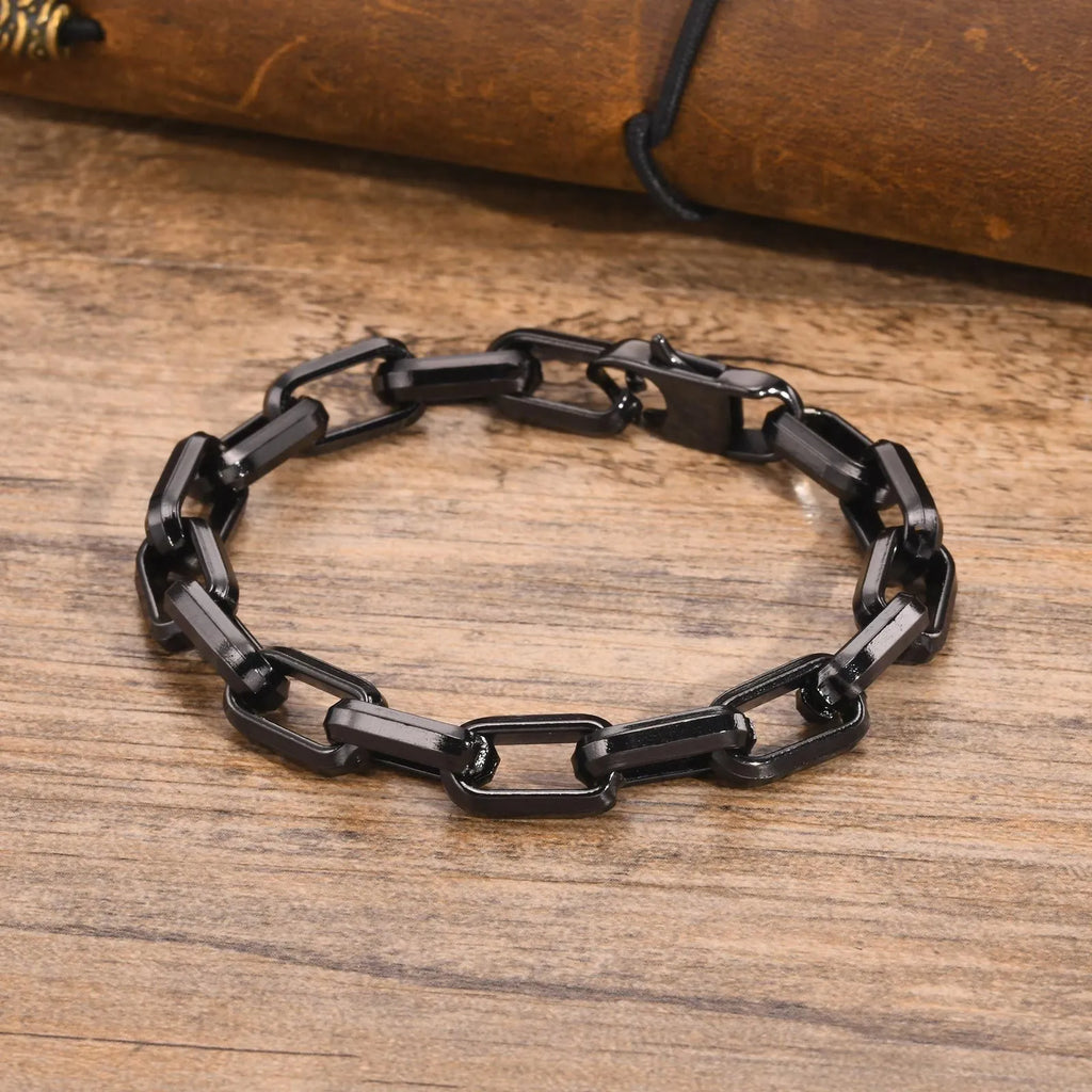 Men's square chain link stainless steel bracelet in black, gold, steel, and retro colours.