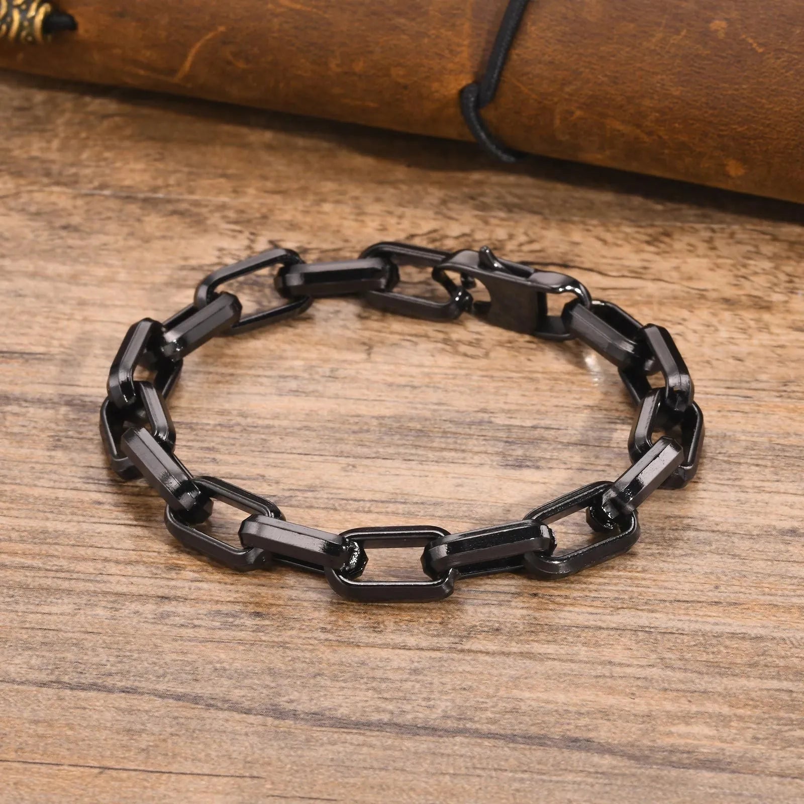 Men's square chain link stainless steel bracelet in black, gold, steel, and retro colours.