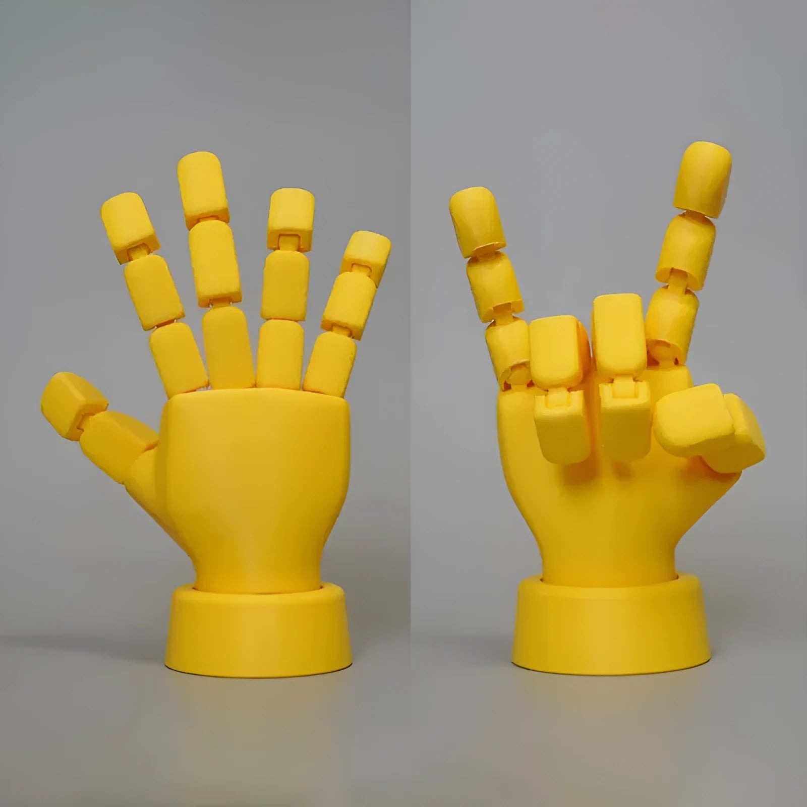 Yellow movable joint hand ornament made of PLA plastic for decoration.