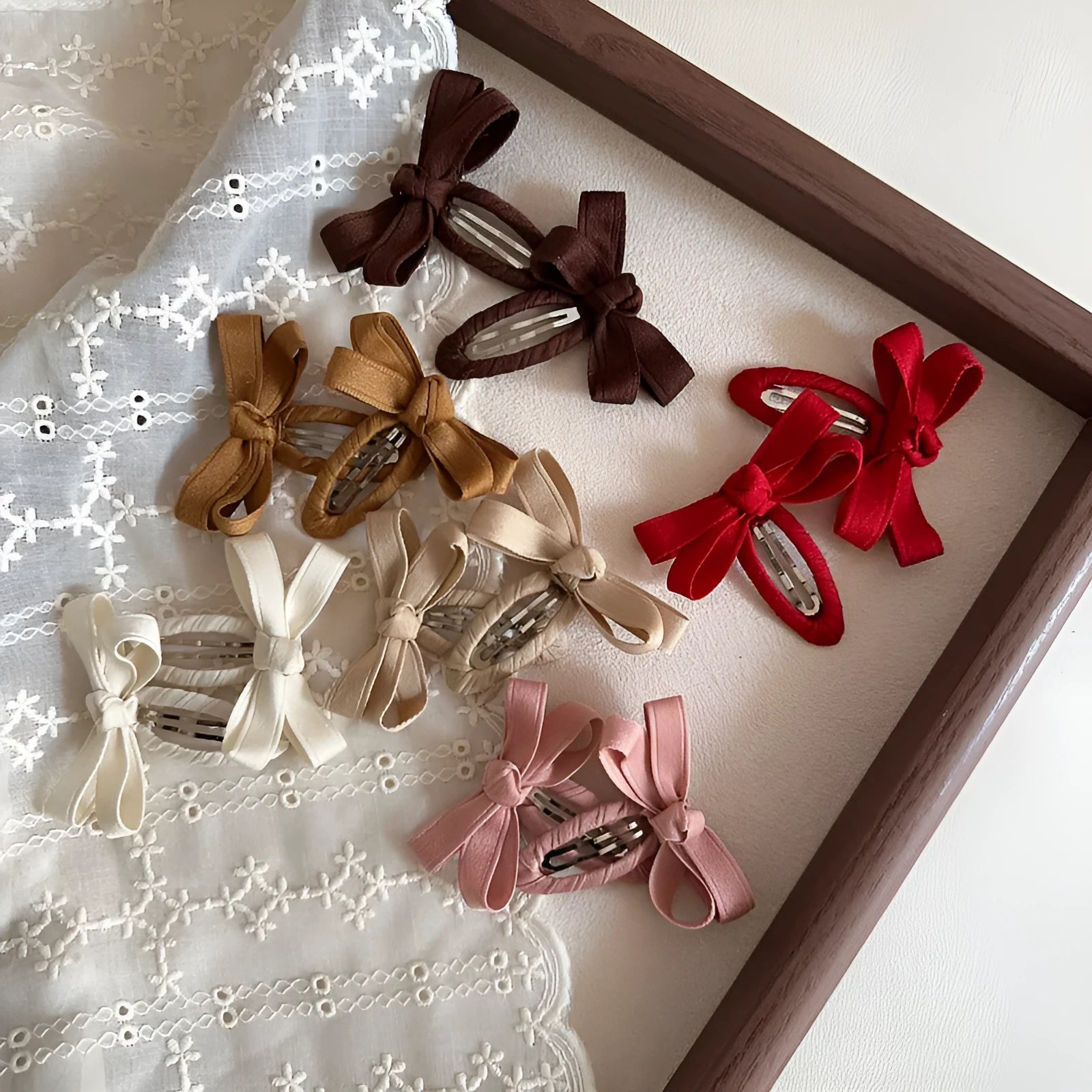 Children's cloth bow barrettes in deciduous colours red pink beige milk tea yellowish brown brown alloy clips