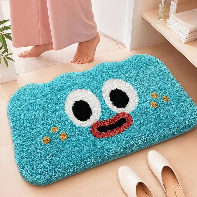 Cartoon anime bathroom floor mat with cashmere-like texture in green, blue, pink, black, or white colour options