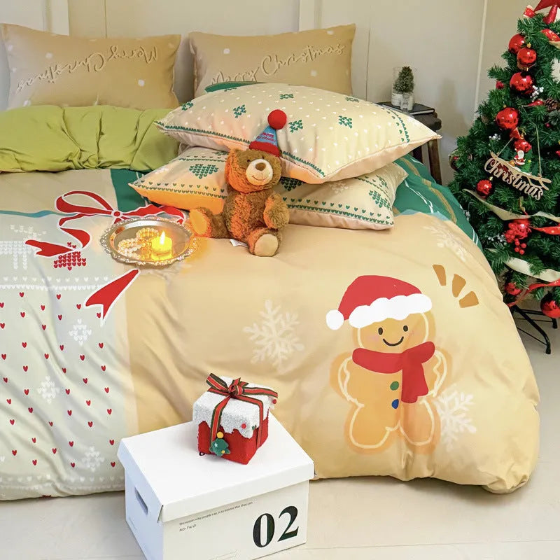 Christmas cartoon printed duvet cover and pillowcases on a bed, showing Gingerbread Man pattern.