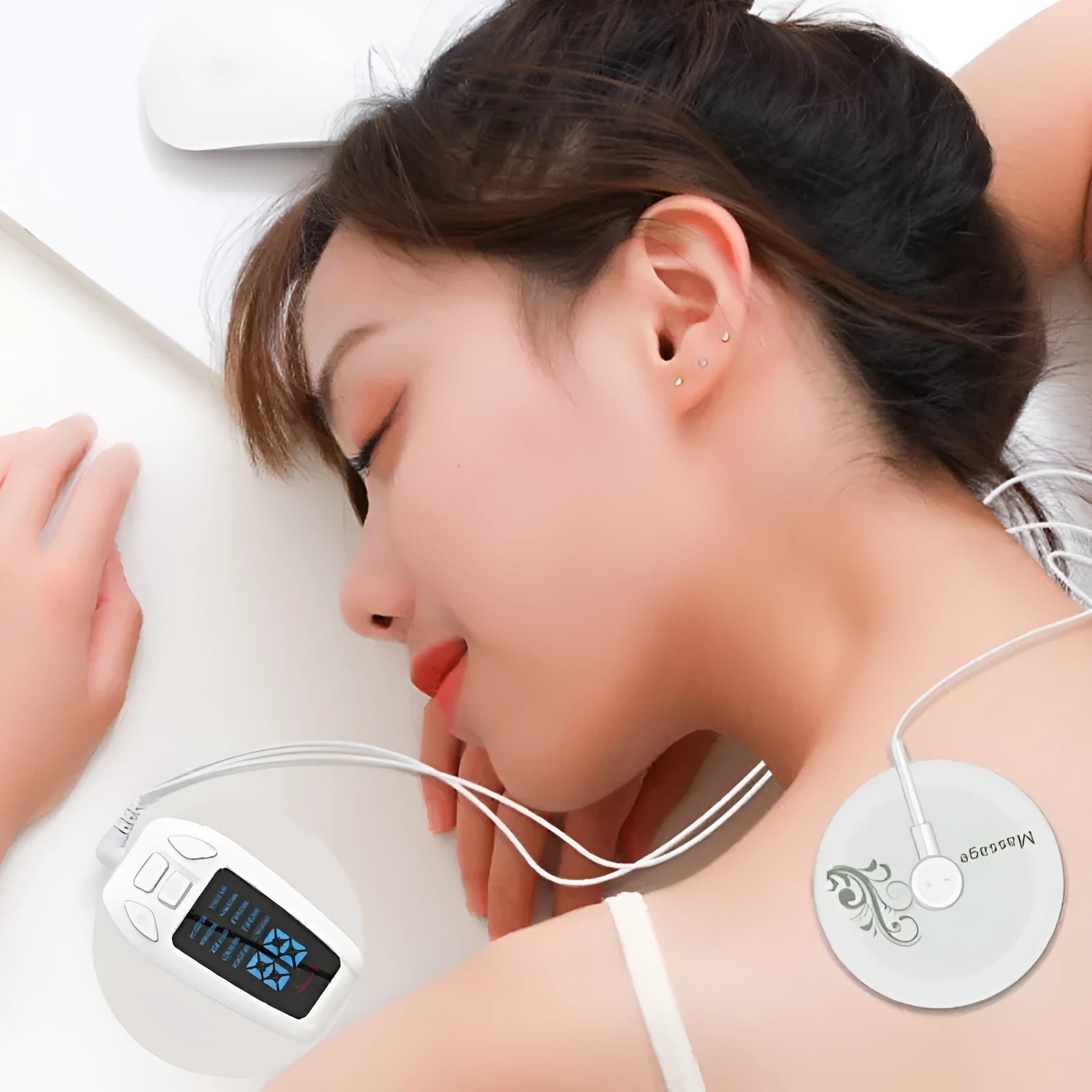 White plastic rechargeable pulse meridian physiotherapy apparatus with USB cable and charger