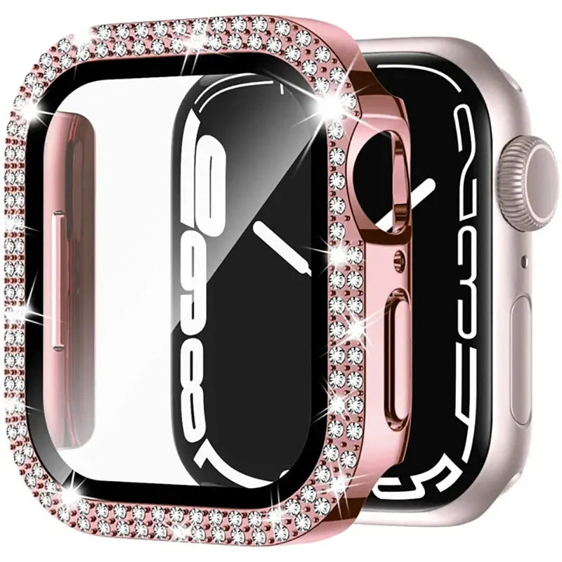 Apple Watch case with double diamond glass and peep-proof privacy screen in rose gold colour.