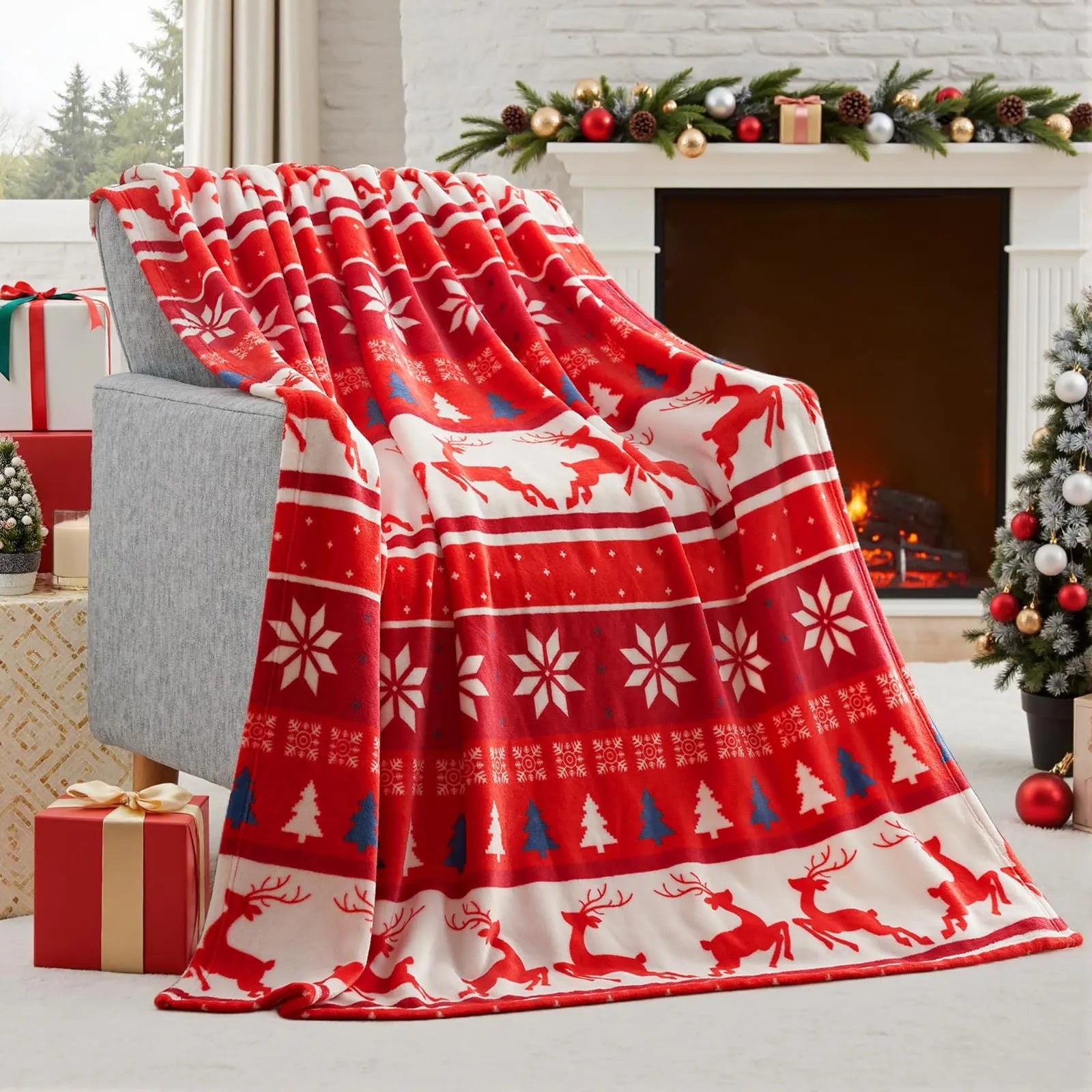 A soft, plush Christmas blanket made from polyester fibre, shown in an American style, folded to display its texture.