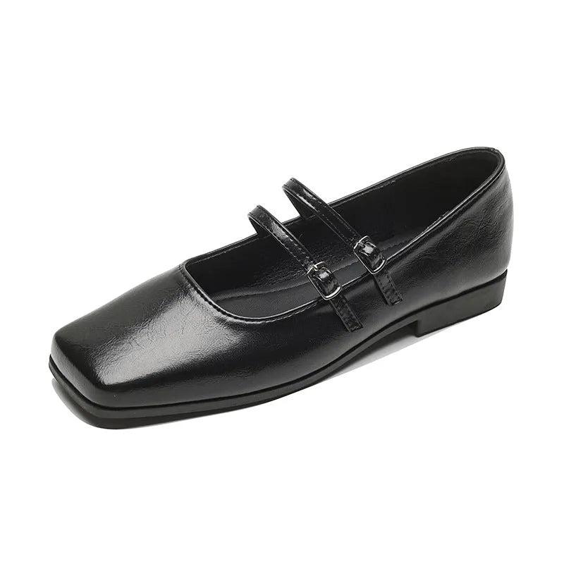 Women's silver ballet pumps with cross buckle strap and genuine leather upper