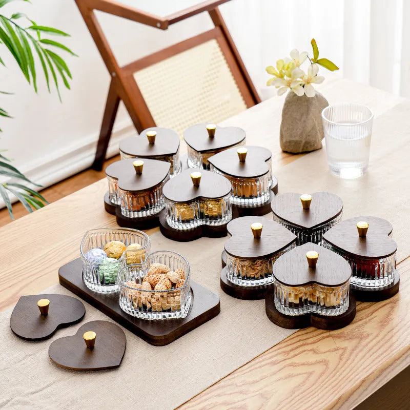 Glass dim sum plate with transparent heart-shaped lid in retro style, showing compartment options