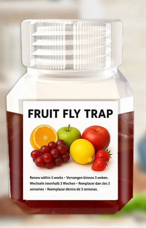 Bottle of SK003 fruit fly bait liquid on a kitchen countertop.