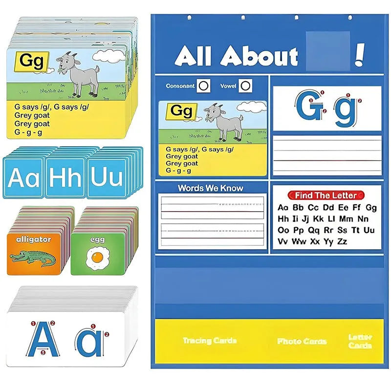 Alphabet learning chart for children with word cards, letter cards, and picture cards laid out.