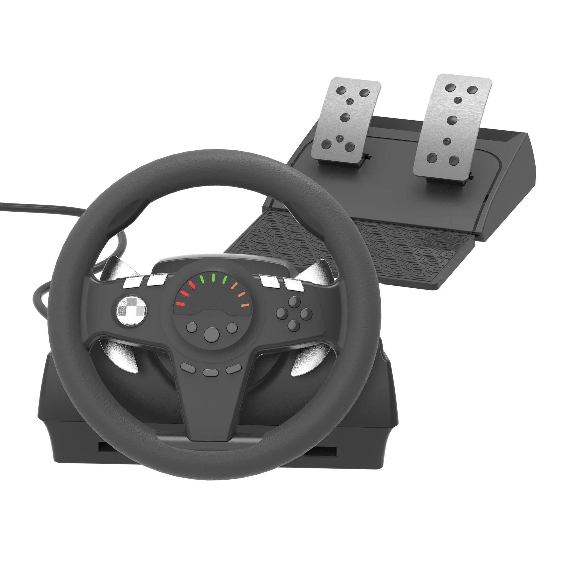 Black multi-platform gaming steering wheel with two pedals, paddle shifters, and LED display on a desk.