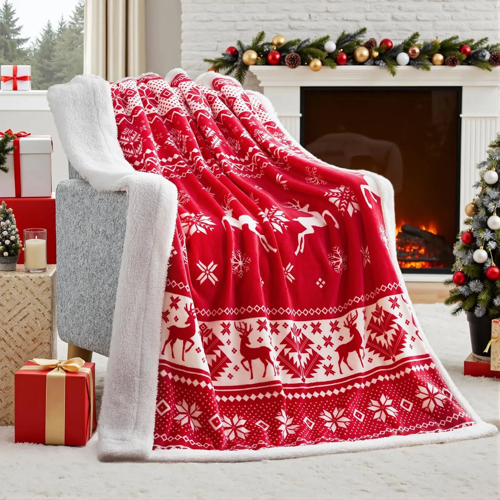 A soft, plush Christmas blanket made from polyester fibre, shown in an American style, folded to display its texture.