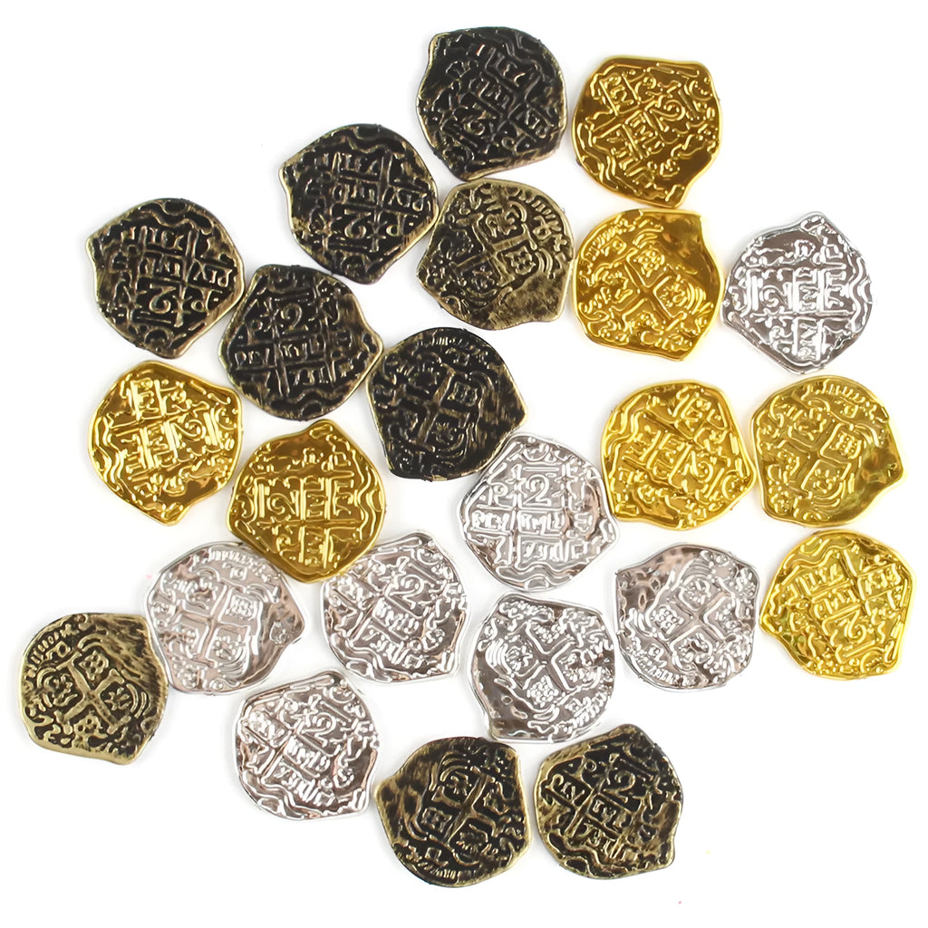 A pile of metallic gold plastic Roman pirate coins from a 100-piece pack for treasure games.