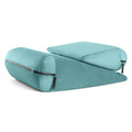 Grey triangular wedge pillow with embroidery detail on a sofa, showing its 68cm length for back support.