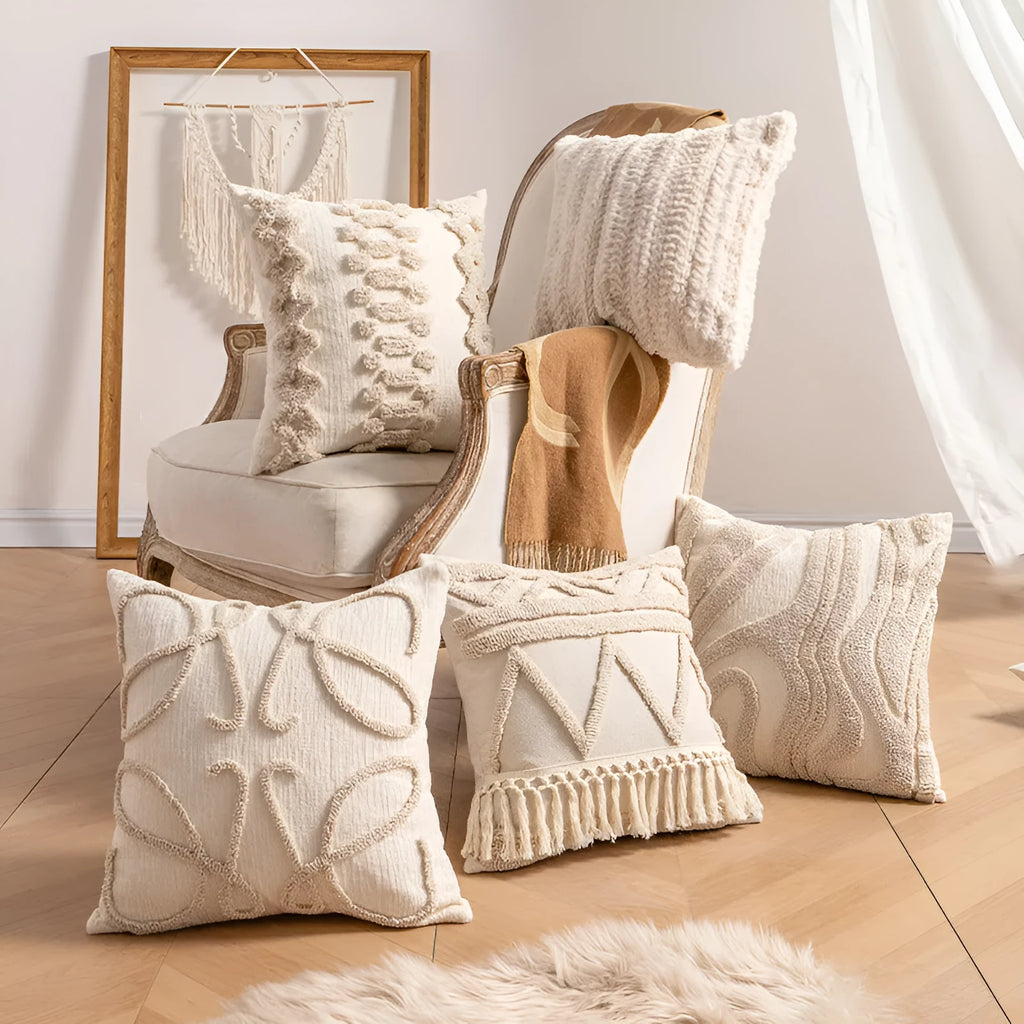 Knitted pillow cover with tassel fringe in striped pattern