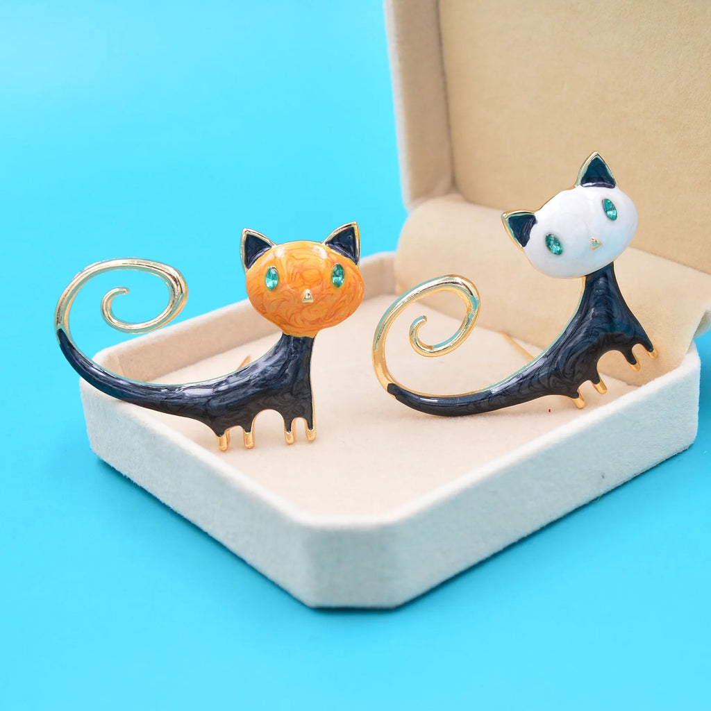 Personalised painted kitten brooch with raised tail in alloy metal, orange and white colour options