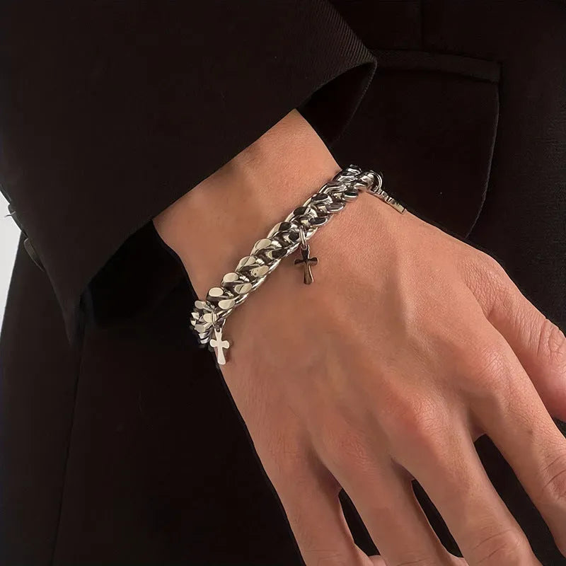 Men's titanium steel bracelet with geometric cross design showing cold wind styling