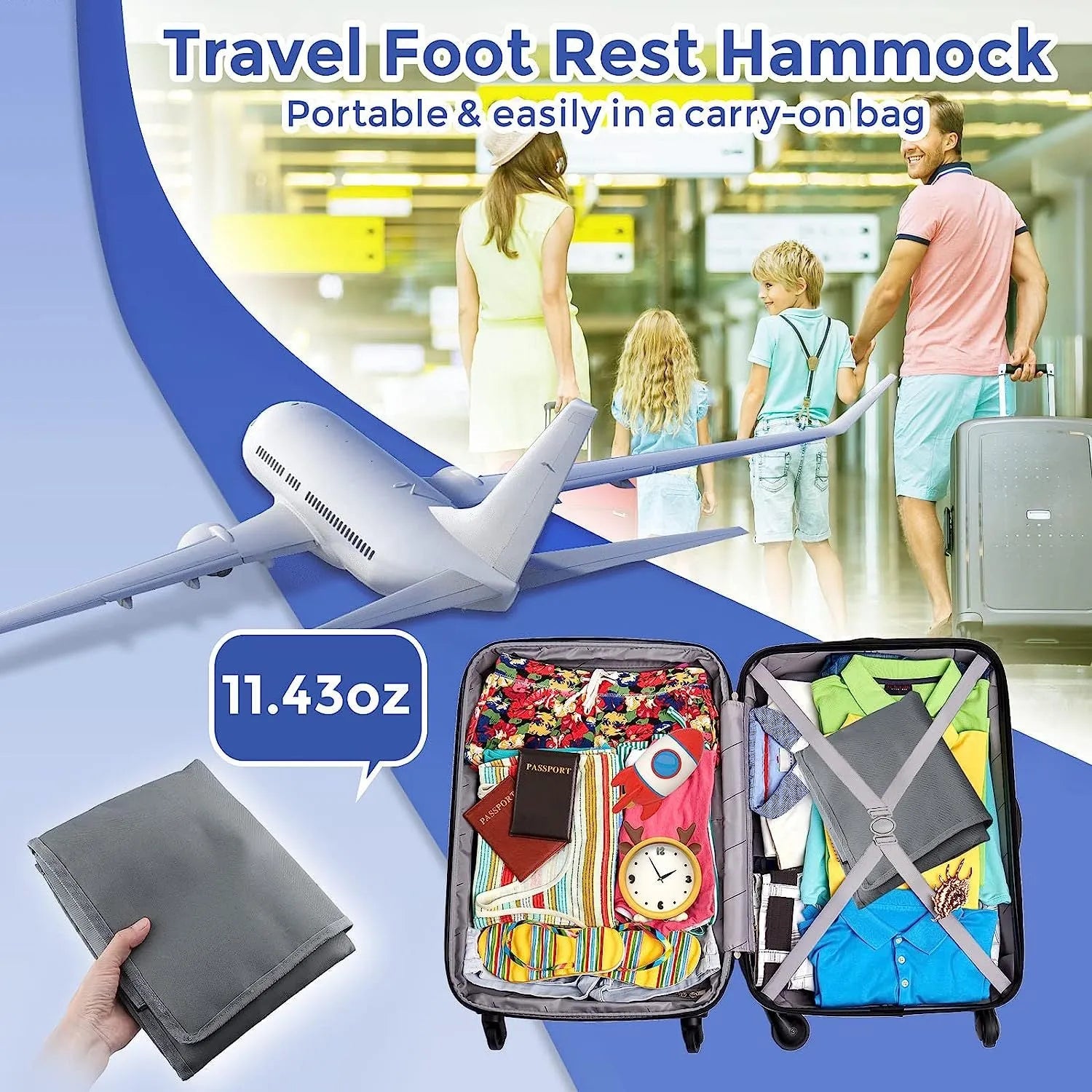 Portable children's aircraft pedal seat extender in nylon with adjustable strap and optional drawstring pocket