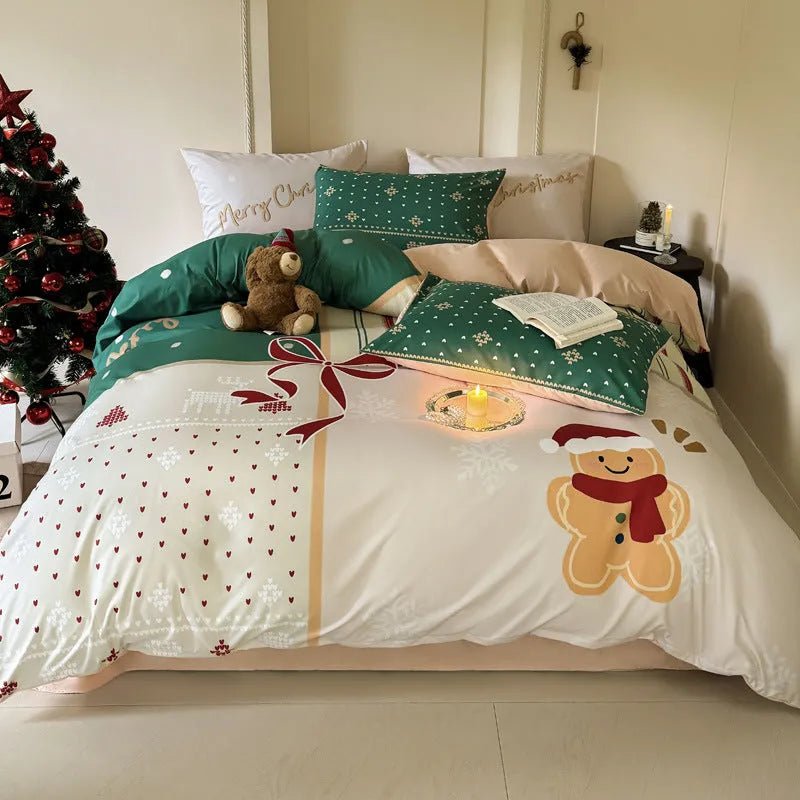 Christmas cartoon printed duvet cover and pillowcases on a bed, showing Gingerbread Man pattern.