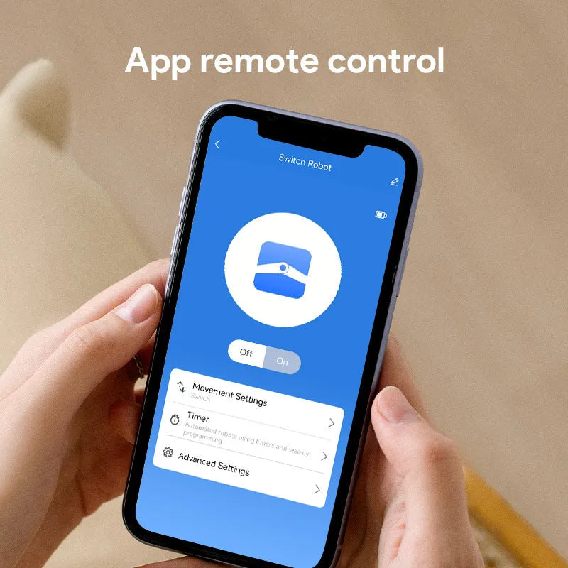 Small white Bluetooth finger robot remote control with dimensions 53mm by 29mm by 14mm.