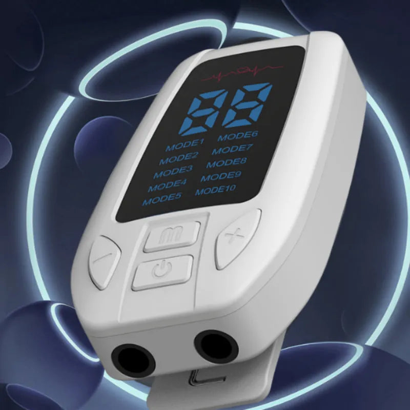White plastic rechargeable pulse meridian physiotherapy apparatus with USB cable and charger