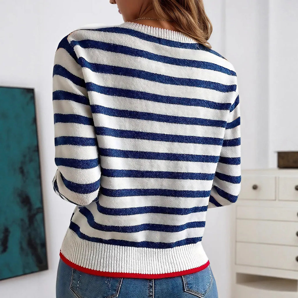 Sapphire Blue striped British style pullover jumper with contrast colour design and round neck