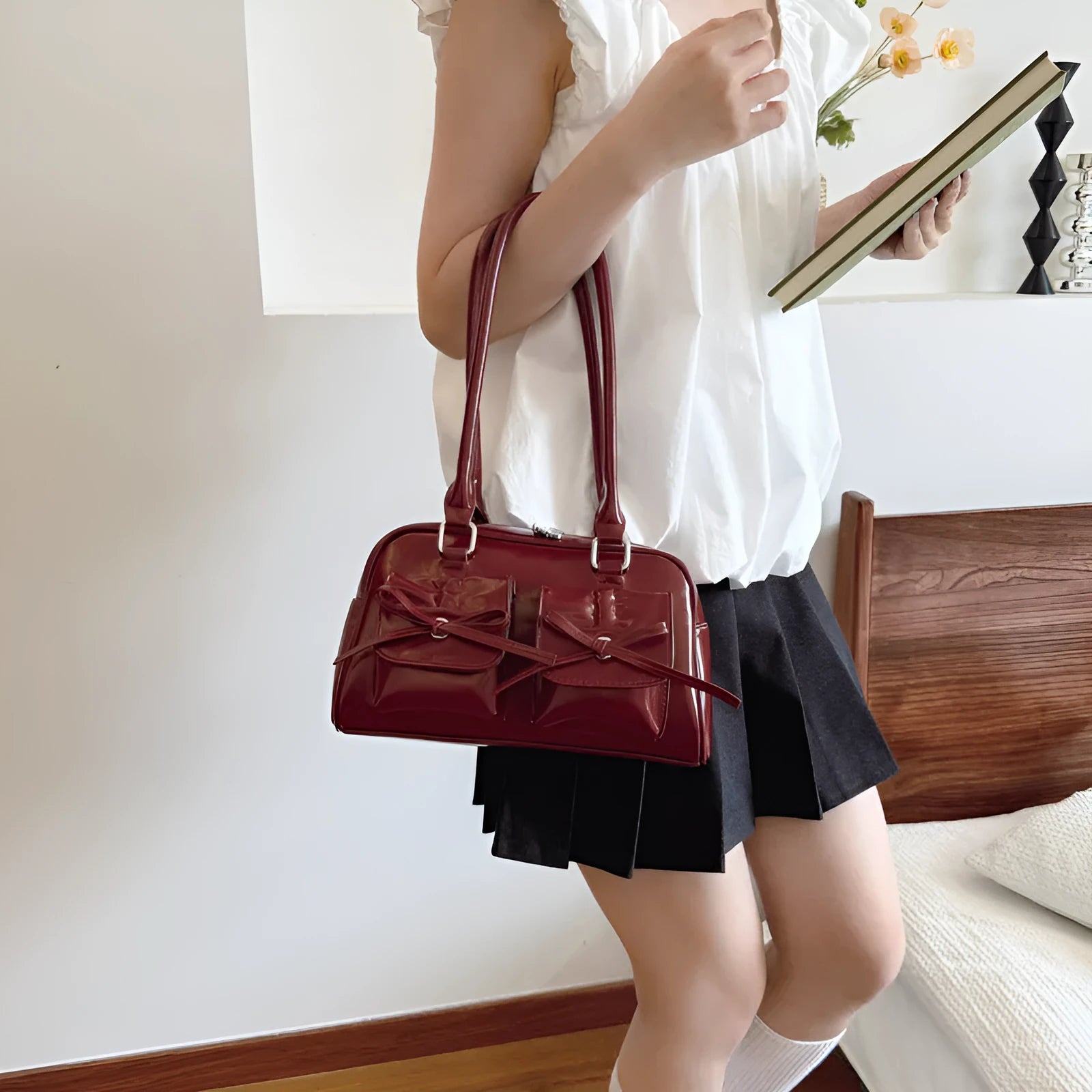 Women's PU shoulder bag horizontal square shape bow stitching detail black colour option