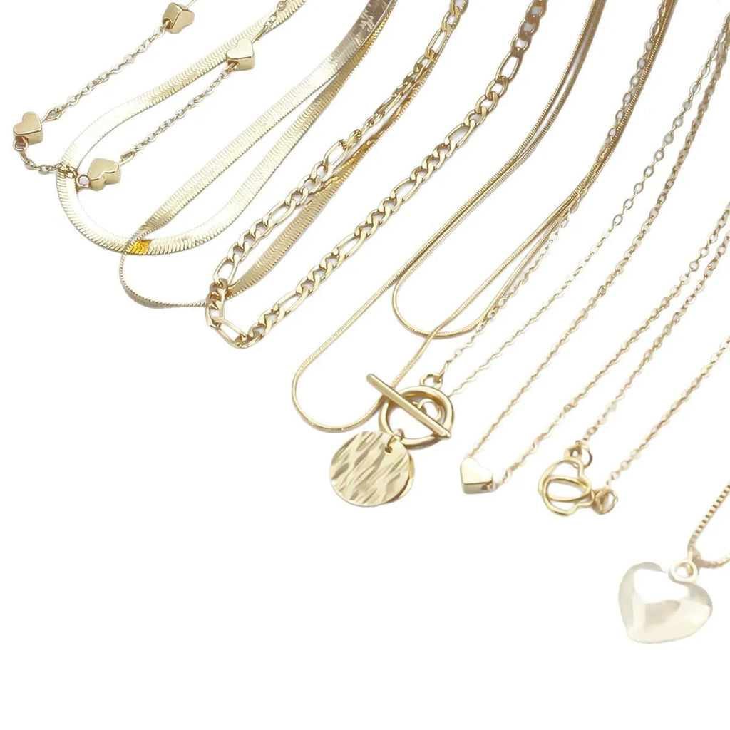 Ten gold electroplated women's necklaces with alloy pendants on snake bones chains