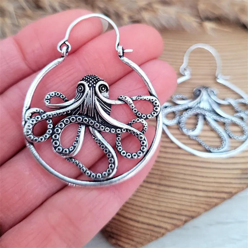 Zinc alloy octopus earrings with electroplated antique silver finish