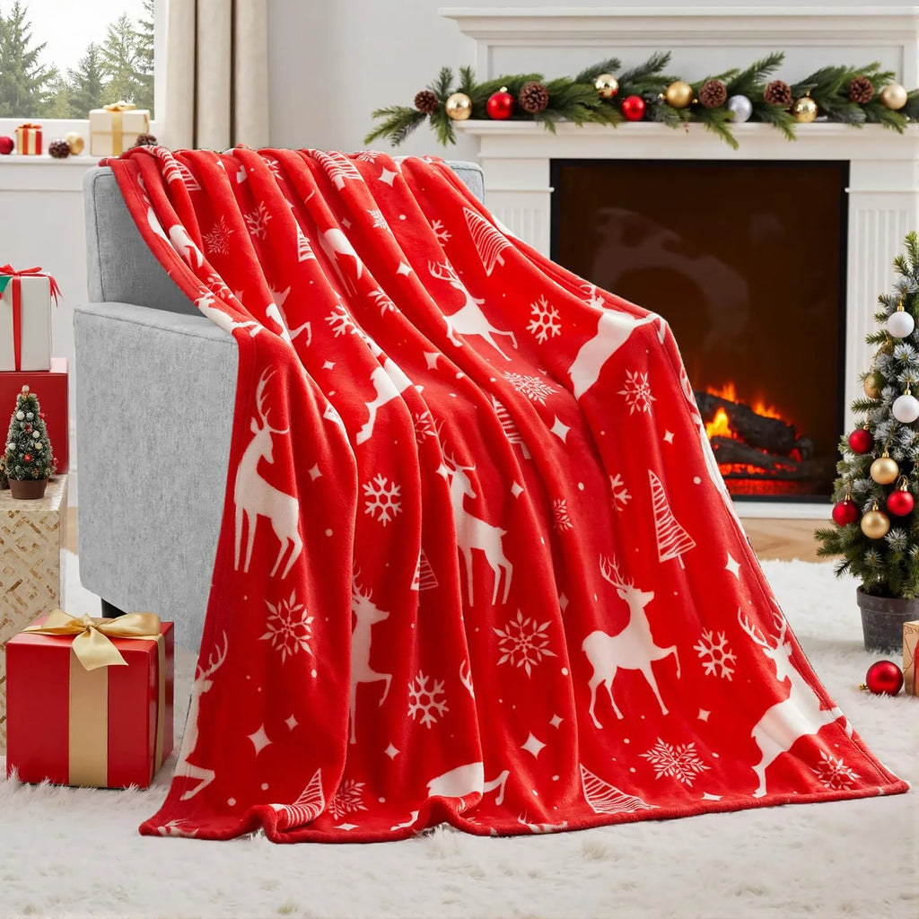 A soft, plush Christmas blanket made from polyester fibre, shown in an American style, folded to display its texture.
