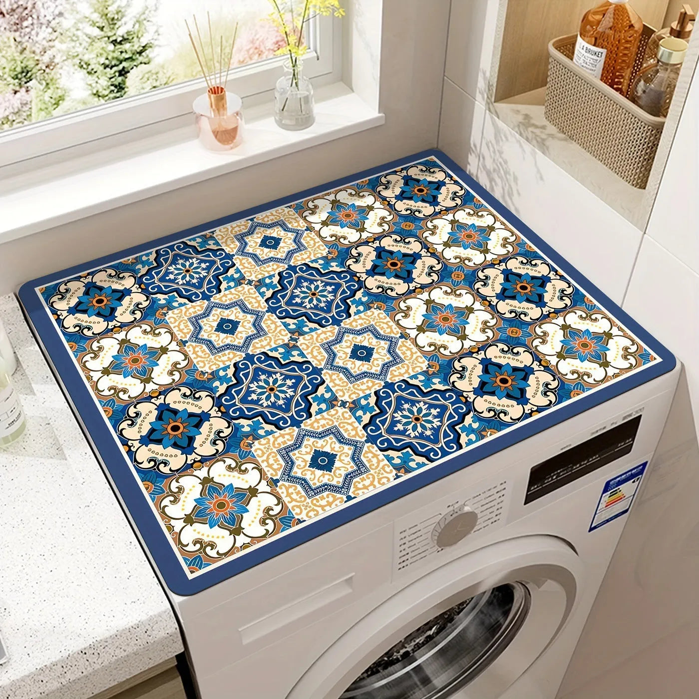 Square washing machine mat with abstract printed pattern in polyester fibre for laundry floor protection