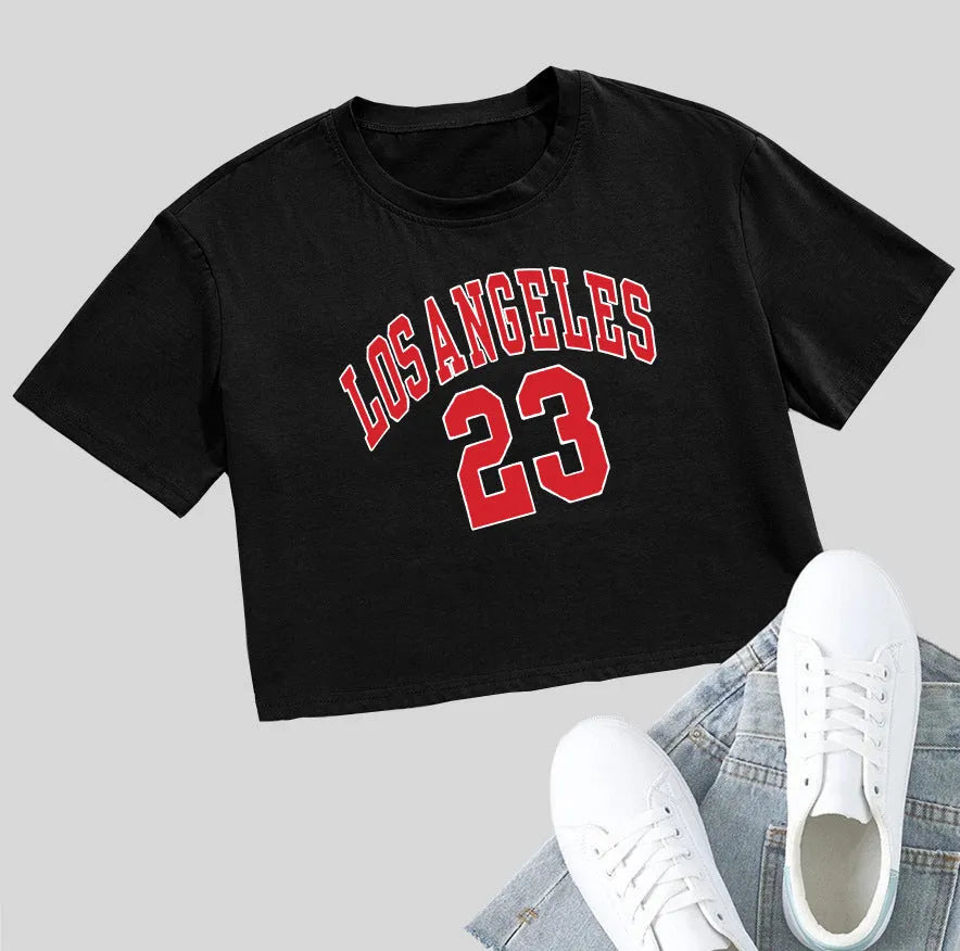 Black personalised '23 Letters' printed cotton T-shirt with loose fit and exposed navel style on a mannequin.