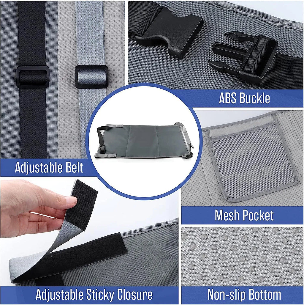 Portable children's aircraft pedal seat extender in nylon with adjustable strap and optional drawstring pocket