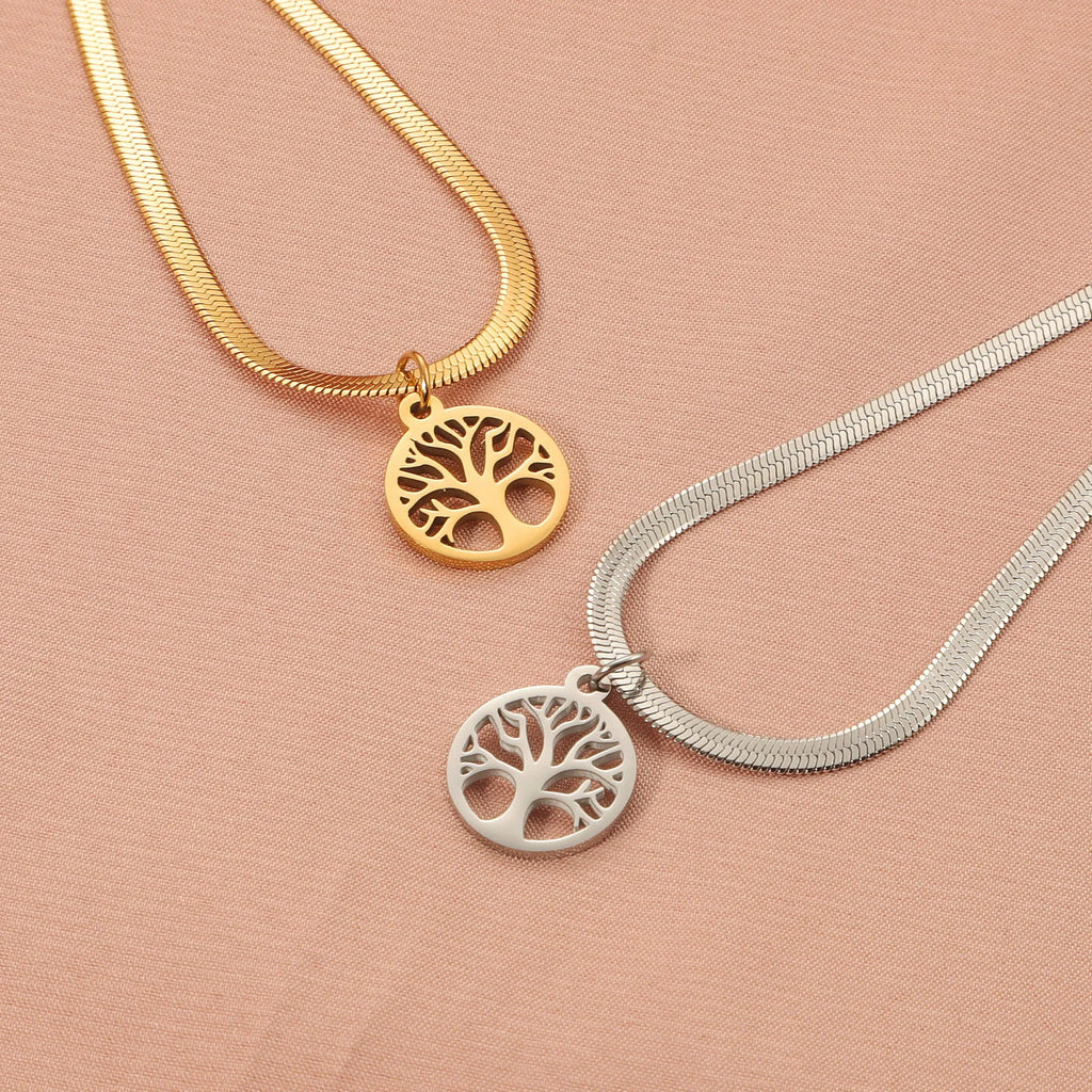 Stainless steel necklace with a U-shaped tree pendant on an adjustable snake chain.