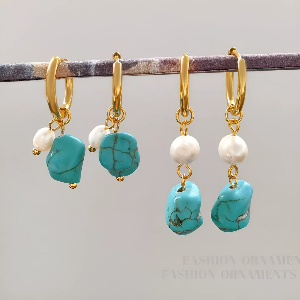 A pair of long and a pair of short geometric copper ear clips with turquoise and cultured pearls.