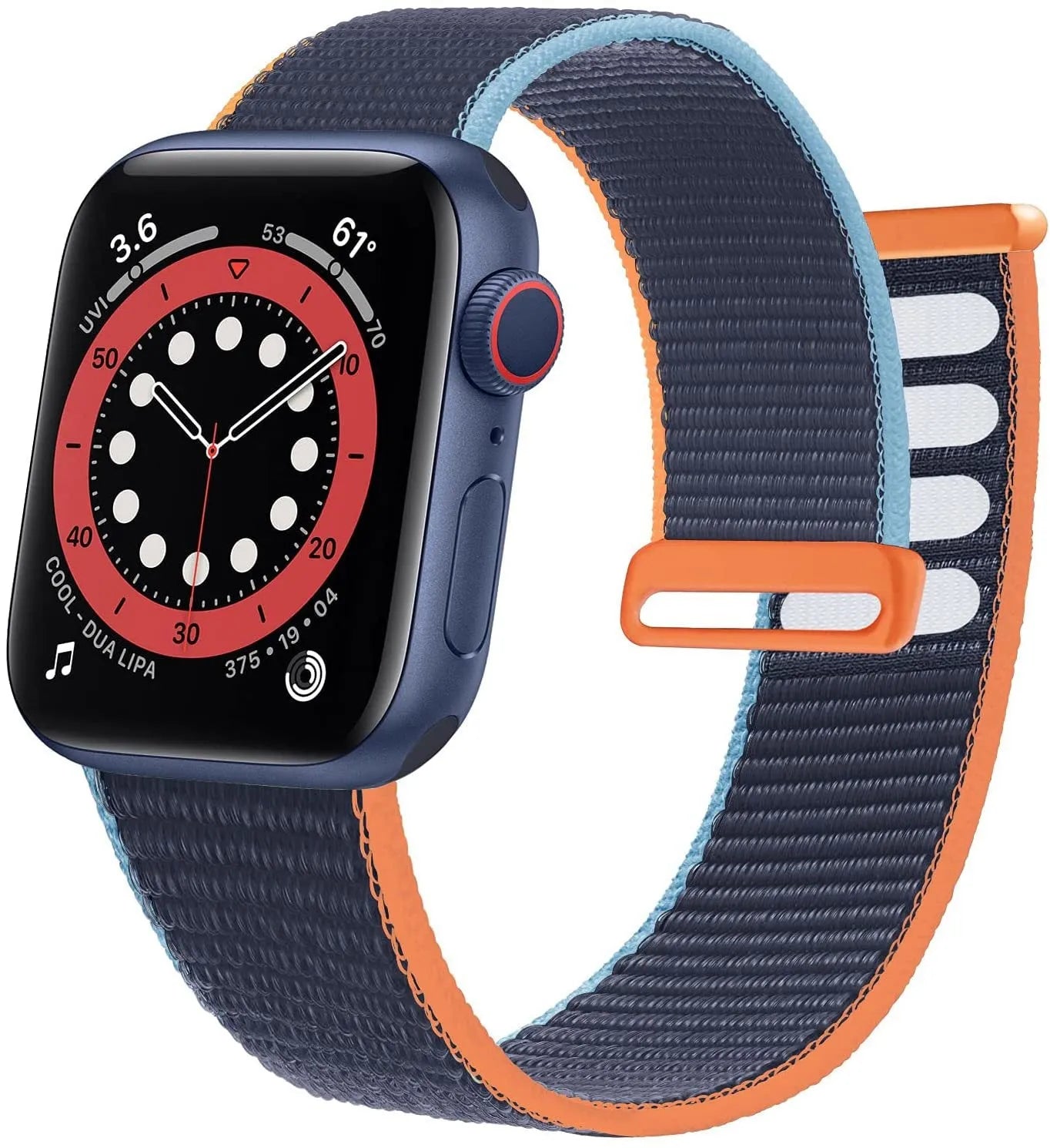 Woven nylon smartwatch strap in pink sand colour, shown detached from a watch.