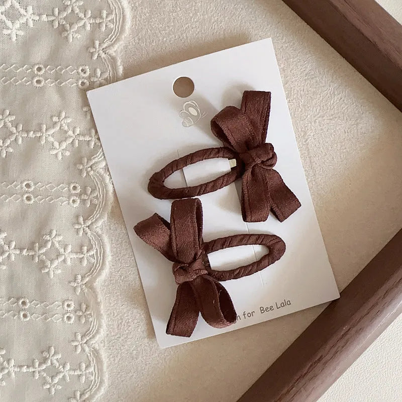 Children's cloth bow barrettes in deciduous colours red pink beige milk tea yellowish brown brown alloy clips